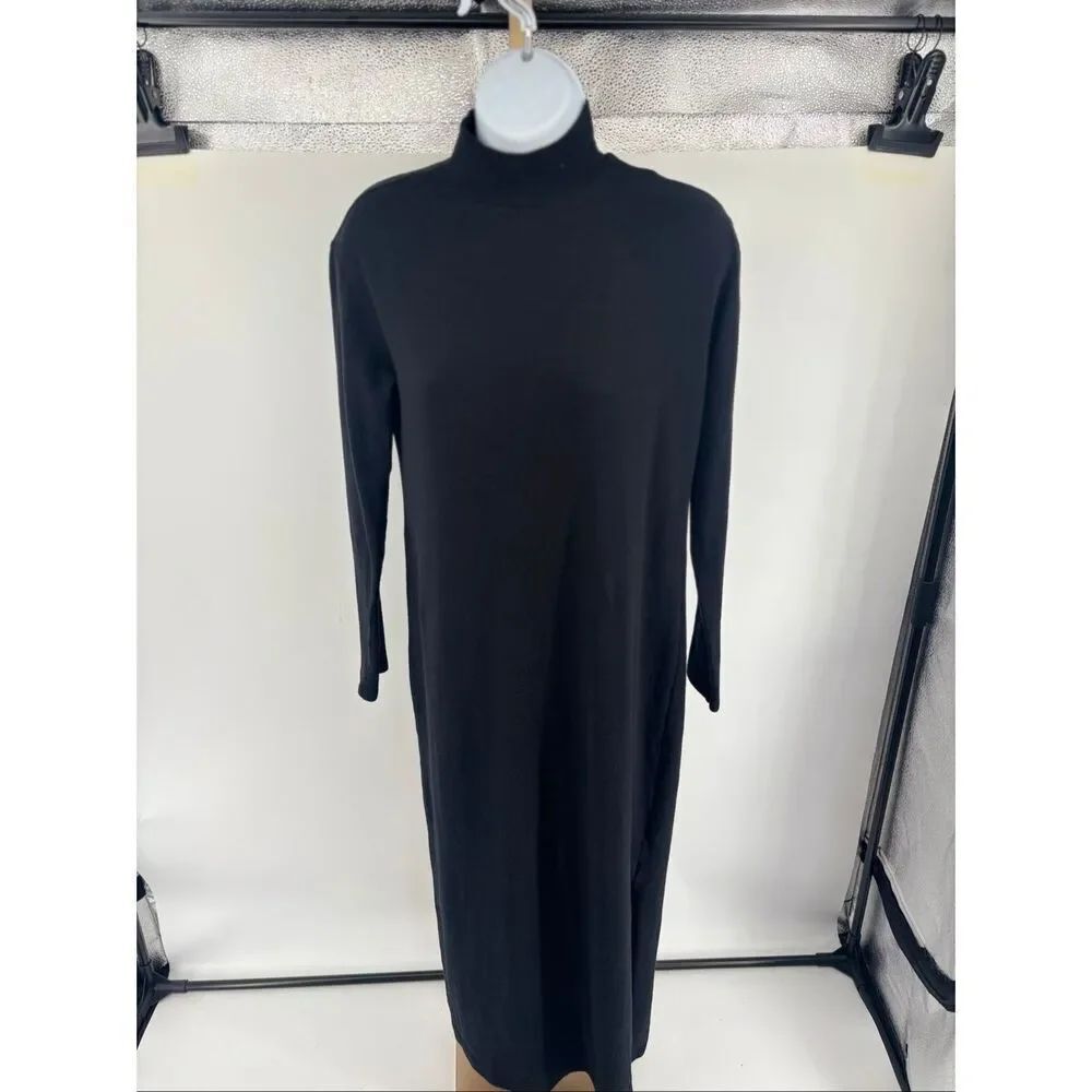 Vince Mock Turtleneck Long Sleeve Midi Dress Black Side Slit Minimalist S